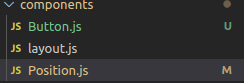Visual Studio Code folder structure showing a folder named components with 3 files inside named "Button.js", "layout.js" and "Position.js" respectively