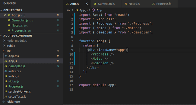 VS Code screenshot showing the src folder containing the files "App.css", "App.js", "Gameplan.js", "index.css", "index.js", "Notes.js", "Progress.js", and the last two which aren't relevant to the refactoring that was done "serviceWorker.js" and "setupTests.js". These are generated by create-react-app. The screenshot also shows the App.js file open with the Progress, Notes, and Gameplan compoents imported