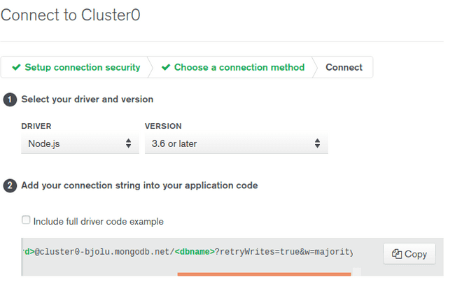 MongoDB Atlas Cluster connection page showing the Node.js driver selected and the connection string to be copied