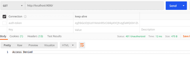 "My Workspace" section in Postman Desktop App showing a get request to localhost:9000/ with the authorization header auth-token not included and the response body of "Access Denied"