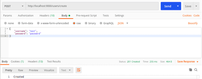 "My Workspace" section in Postman Desktop App showing a post request to localhost:9000/users/create with the body "{ "username": "test", "password": "password"}" and the response body "Created" with a status of 201