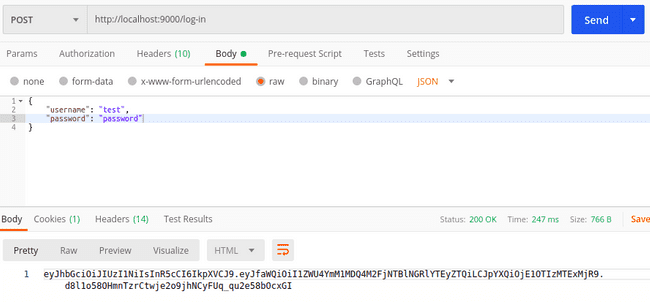 "My Workspace" section in Postman Desktop App showing a post request to localhost:9000/log-in with the body "{ "username": "test", "password": "password"}" and the response with a status of 200 showing the token as the response body