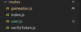 Routes folder showing the files "gameplan.js" and "index.js" and "verifyToken.js"