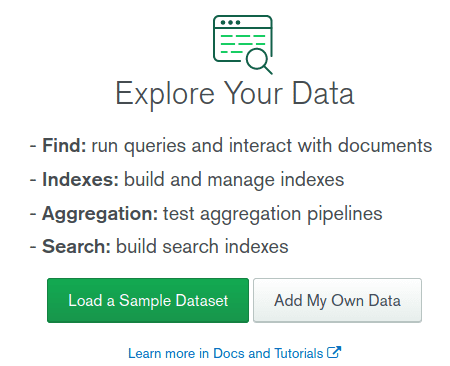 MongoDB Atlas Collections page showing buttons to "Load a Sample Dataset" or "Add My Own Data"