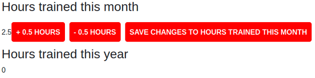 Part of a webpage showing a heading with the text "Hours trained this month" with the number 2.5 below it and three buttons. THe three buttons have the text "+ 0.5 hours", "- 0.5 hours" and "Save changes to hours trained this month" respectively. Below these buttons is another heading with the text "Hours trained this year" and the number zero below it.