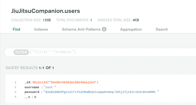 MongoDB Atlas JiuJitsuCompanion database users collection showing newly created users id, username and hashed password